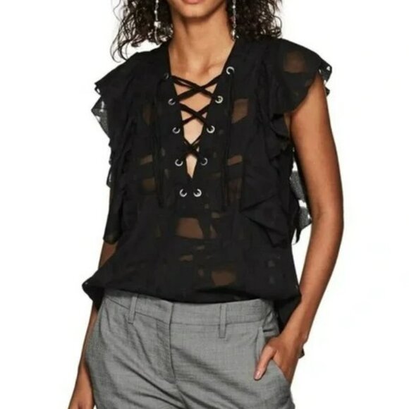 IRO Black Lace-Up Ruffle Blouse - Picture 1 of 11